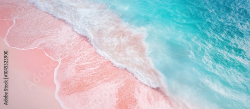 A top-down view of a beautiful pink sand beach meeting the turquoise ocean. The waves are white and foamy.