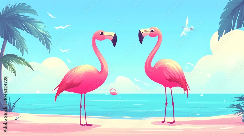 Obraz premium Two vibrant pink flamingos standing on a tropical beach with palm trees and a bright blue ocean.