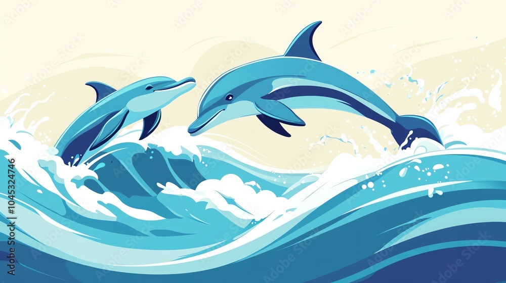 Two playful dolphins jumping through vibrant blue waves against a soft pastel background. Two playful dolphins jumping through vibrant blue waves against a soft pastel background.