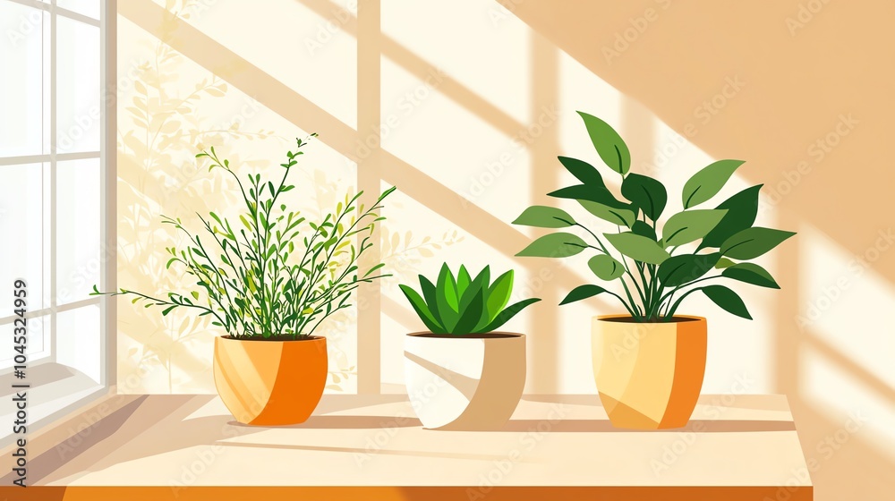 Three decorative plants in modern pots on a sunlit windowsill, creating a cozy atmosphere. Three decorative plants in modern pots on a sunlit windowsill, creating a cozy atmosphere.