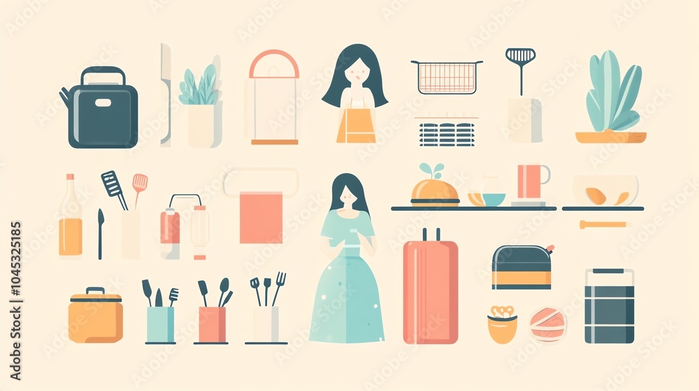 Stylized illustration of everyday objects and activities in soft colors on a light background. Stylized illustration of everyday objects and activities in soft colors on a light background.