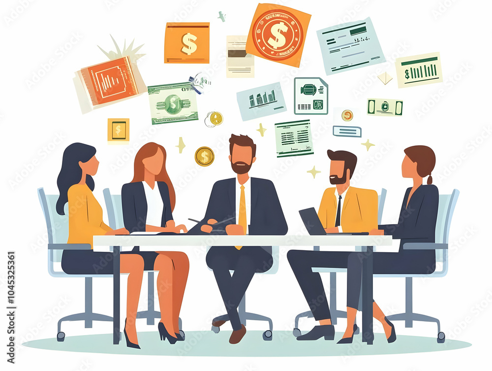 Flat Team Brainstorming Meeting Room with Floating Currency and Discount Elements | Candid Business Collaboration Concept for Financial Planning and Advertising Strategies in Simple Flat Vector Illust