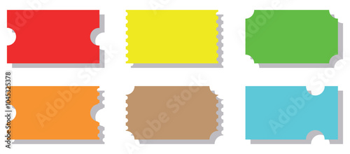 Set of Empty tickets mockups with shadow in different shapes and colors. vector illustration isolated on white background.
