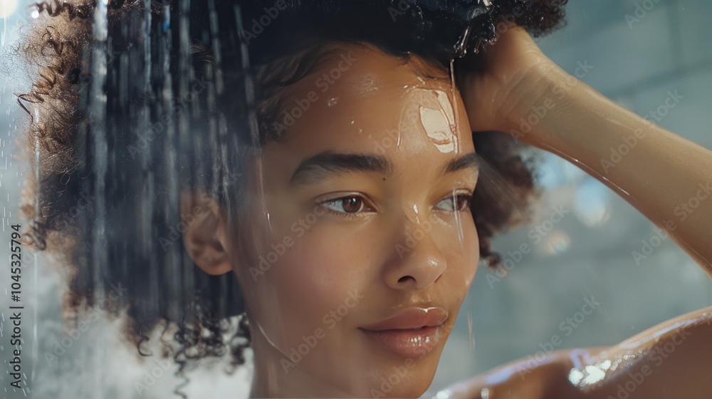 Fototapeta premium A model applying conditioner in the shower, steam rising in the background, with an emphasis on softness and moisture