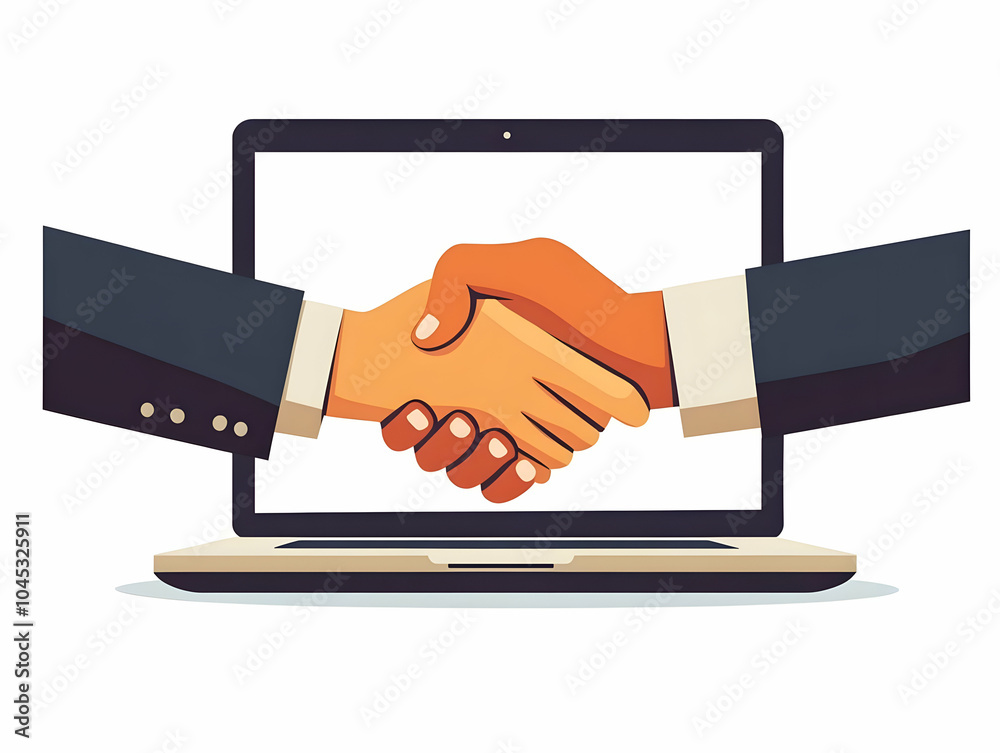 Flat Vector Icon Laptop Handshake Online Deals Creative Illustration Hands Shaking Emerging Screen Symbolizing Virtual Partnerships Modern Design Infographics E-Commerce Collaborations Remote Deals Flat Vector Icon Laptop Handshake Online Deals Creative Illustration Hands Shaking Emerging Screen Symbolizing Virtual Partnerships Modern Design Infographics E-Commerce Collaborations Remote Deals