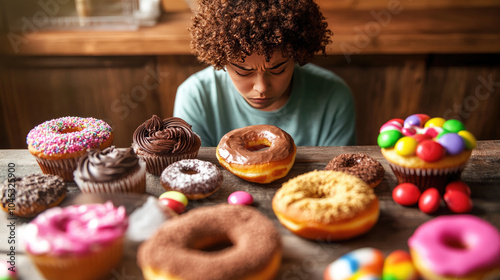 Sad person surrounded by sugary foods, reflecting the struggle between indulgence and emotional well-being, highlighting the complexities of comfort and self-care. photo