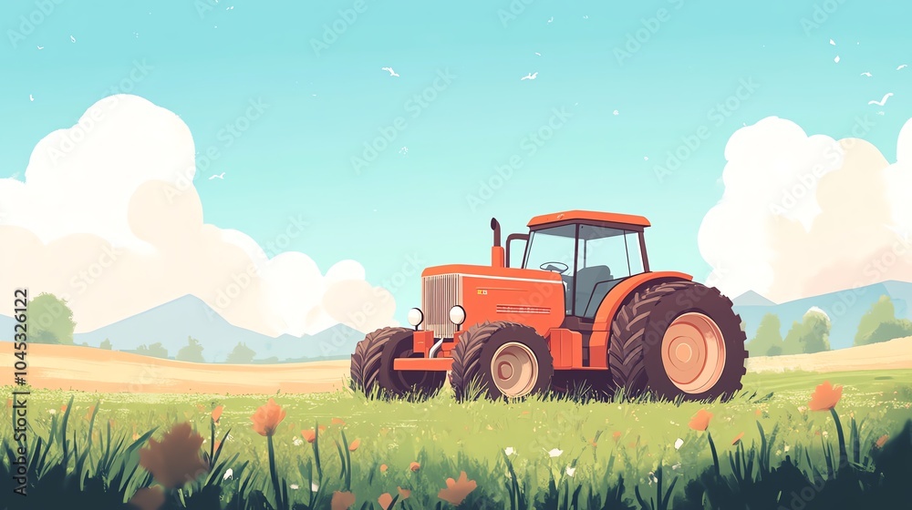 Obraz premium Orange tractor on green field landscape with blue sky and clouds in the background.