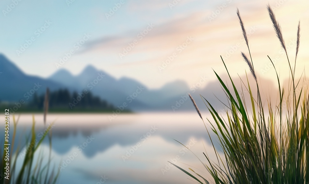 Serene lake landscape at dawn with grass and mountains in the background. Serene lake landscape at dawn with grass and mountains in the background.