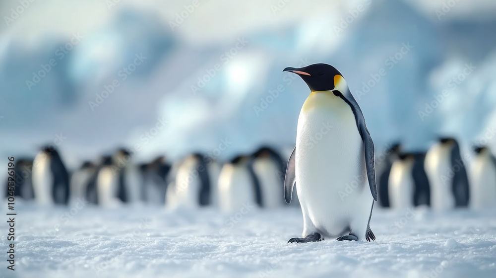 Obraz premium Group of king penguins coming back together from sea to beach with waves in the background