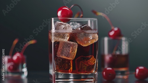 Chilled Cherry Vanilla Coke Delight, vibrant ice cubes infused with cherry and vanilla essence, elegantly floating in a refreshing glass of dark cola, inviting and flavorful photo