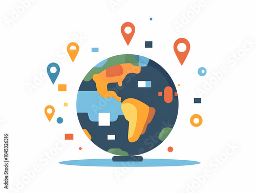 Wallpaper Mural Flat Vector Illustration Globe Location Pins Global Marketing Visual Representation Modern Vibrant Colors Clean Lines Infographic International Business Expansion Worldwide Strategies Torontodigital.ca