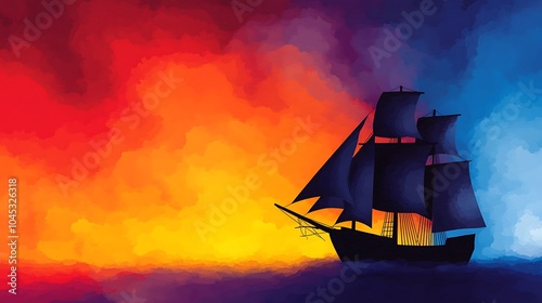 A majestic sailing ship silhouetted against a vibrant sunset sky of fiery reds and tranquil blues in an artistic landscape