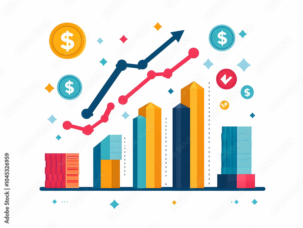 Flat Vector Bar Graph with Currency Symbols and Discount Arrows | Infographic for Financial Growth, Discount Impact, Business Advertising Performance in Simple Business Tone Flat Vector Bar Graph with Currency Symbols and Discount Arrows | Infographic for Financial Growth, Discount Impact, Business Advertising Performance in Simple Business Tone