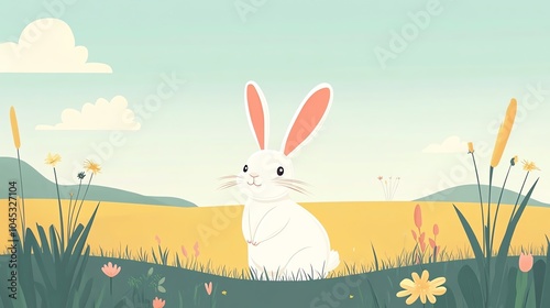 Cute illustrated rabbit sitting in a colorful meadow with flowers under a clear sky.