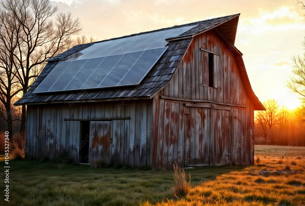 Solar Barn at Sunset. Rustic wooden barn with solar panels on roof against vibrant sunset sky in rural landscape. Solar Barn at Sunset. Rustic wooden barn with solar panels on roof against vibrant sunset sky in rural landscape.