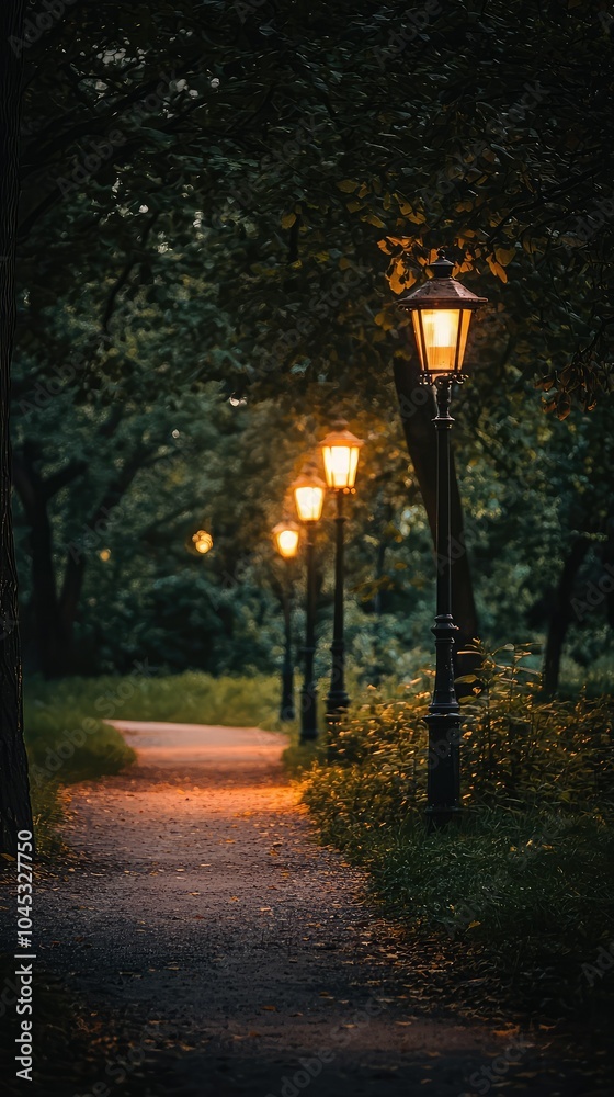 Fototapeta premium Glowing Pathway in Luminous Park at Dusk
