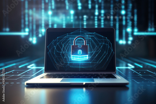 digital laptop computer with virtual graphic network diagram, digital online, cyber security, internet connection, social media, network security technology concept
