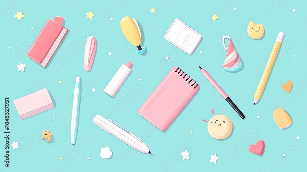Colorful stationery items on a teal background, including pens, notebooks, and cute accessories. Colorful stationery items on a teal background, including pens, notebooks, and cute accessories.