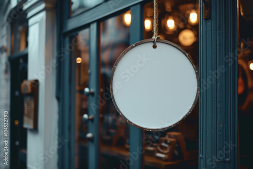 Sign board. blank vintage wooden sign board hanging on glass door in modern cafe restaurant, copy space for text advertising, advertisement marketing and small business owner concept