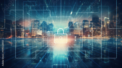 Cybersecurity. master key with virtual graphic network diagram on building in city background, digital online, cyber security, internet connection, social media, network security technology concept