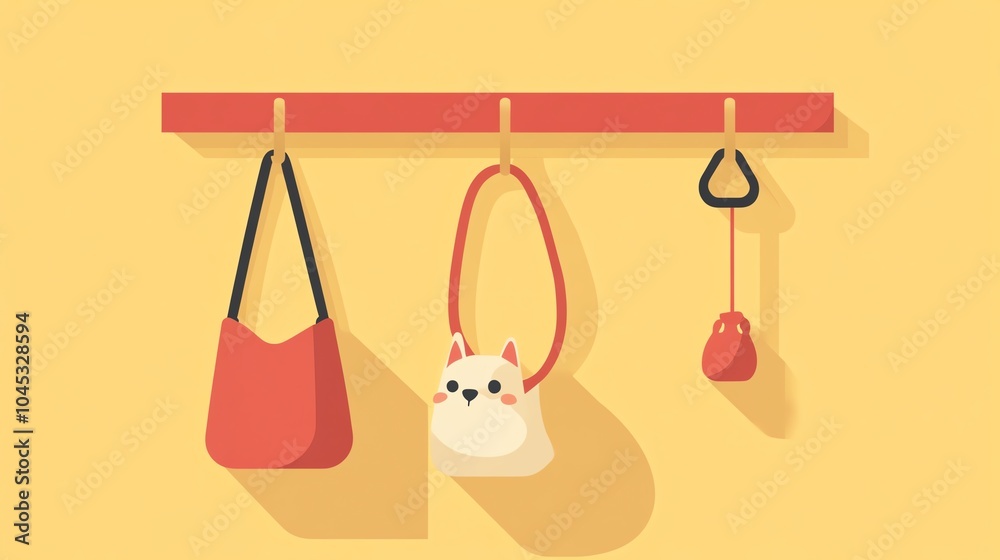 Colorful bags and a cute cat-shaped purse hanging on a hook against a vibrant yellow background. Colorful bags and a cute cat-shaped purse hanging on a hook against a vibrant yellow background.