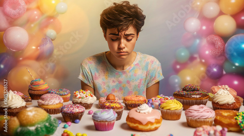 Sad person surrounded by sugary foods, reflecting the struggle between indulgence and emotional well-being, highlighting the complexities of comfort and self-care. photo