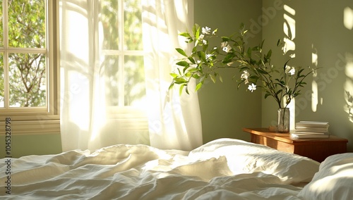 A serene bedroom with natural light and a vase of flowers.