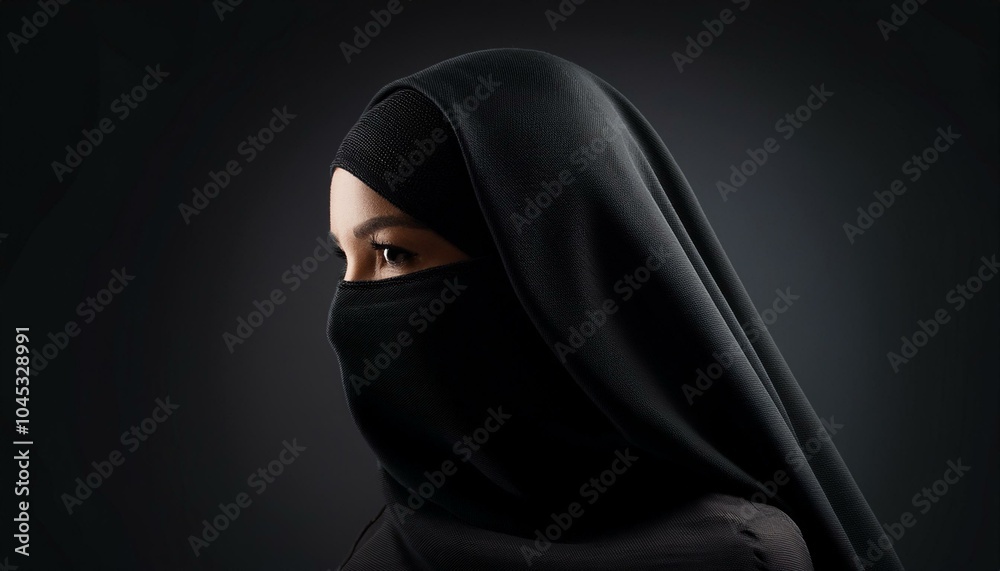 A middle eastern muslim woman of Islamic faith is wearing a niqab or a burka or a hijab; faith photography; a religious attire of the Islamic faith for a muslim woman in the middle east; religion