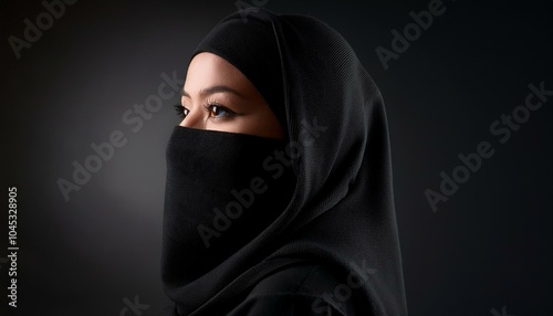 A middle eastern muslim woman of Islamic faith is wearing a niqab or a burka or a hijab; faith photography; a religious attire of the Islamic faith for a muslim woman in the middle east; religion