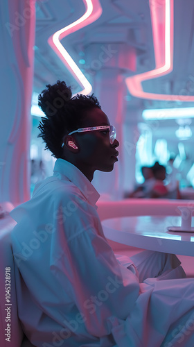 sci-fi nightclub portrait, a futuristic club with a luminous interior design, featuring our protagonist engrossed in conversation at a lit bar table quality captured by canon eos r photo