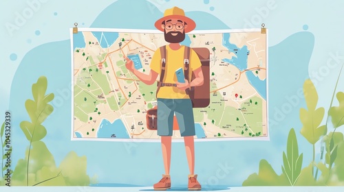 Adventurous traveler with a map exploring nature and planning his journey. photo