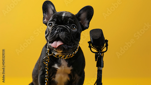 hip hop puppy, wide-angle shot of a tiny black french bulldog puppy in a chain rapper collar, singing into a microphone against a yellow backdrop possible award-winning harcourt studio photo photo