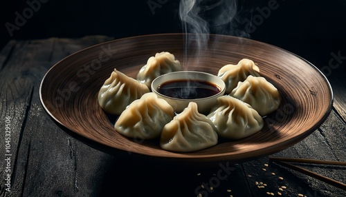 A hot and steamy plate of Chinese or Taiwanese dumplings with sauce on a wooden bowl or plate; steam is coming up from a delicious plate of dumplings with sauce; food photography; selective focus photo