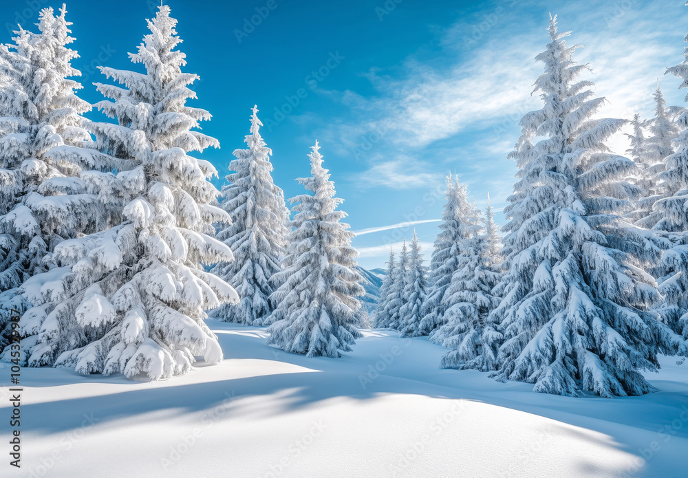 Beautiful winter landscape of a snowy pine forest on a bright sunny day Beautiful winter landscape of a snowy pine forest on a bright sunny day