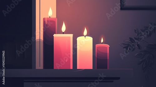 A serene arrangement of colorful candles glowing softly on a shelf, creating a warm ambiance. photo