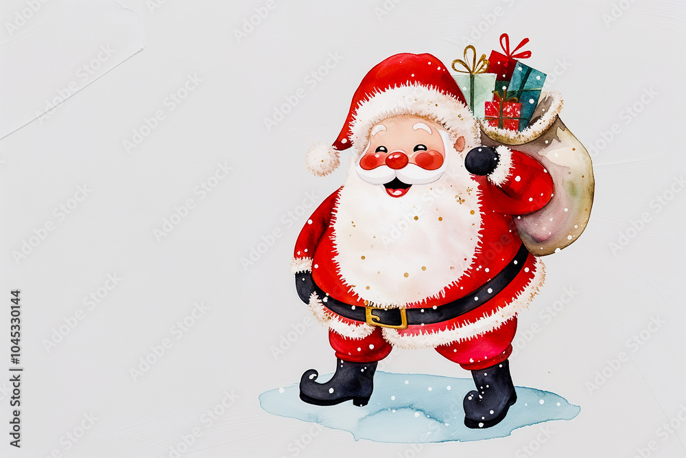 Obraz premium Jolly Santa Claus with red suit and a sack of gifts, watercolor illustration, christmas scene capturing the magical holiday spirit, perfect for greeting cards or seasonal promotions