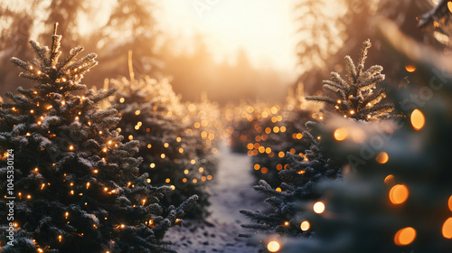 Winter landscape of a Christmas tree farm with rows of beautiful fir trees