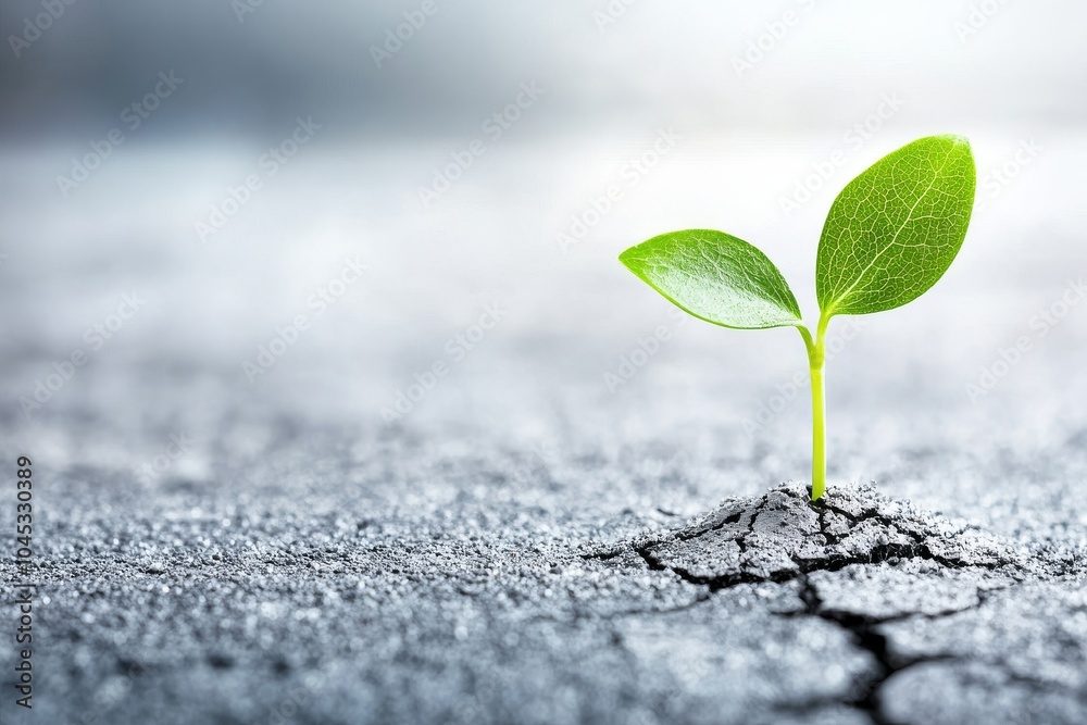 A green seedling emerges from cracked soil, symbolizing resilience and growth in a harsh environment. A green seedling emerges from cracked soil, symbolizing resilience and growth in a harsh environment.