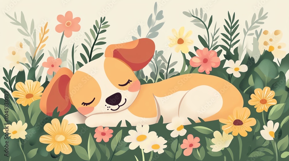 A cute sleeping puppy surrounded by colorful flowers in a vibrant garden setting. A cute sleeping puppy surrounded by colorful flowers in a vibrant garden setting.