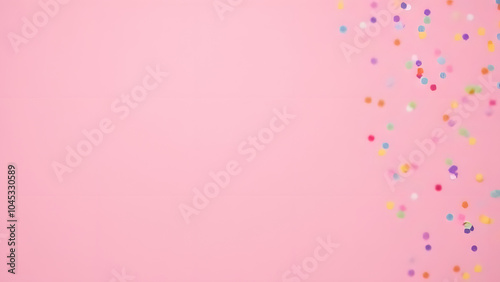 Pink background features colorful celebration with festive confetti in a lively atmosphere.