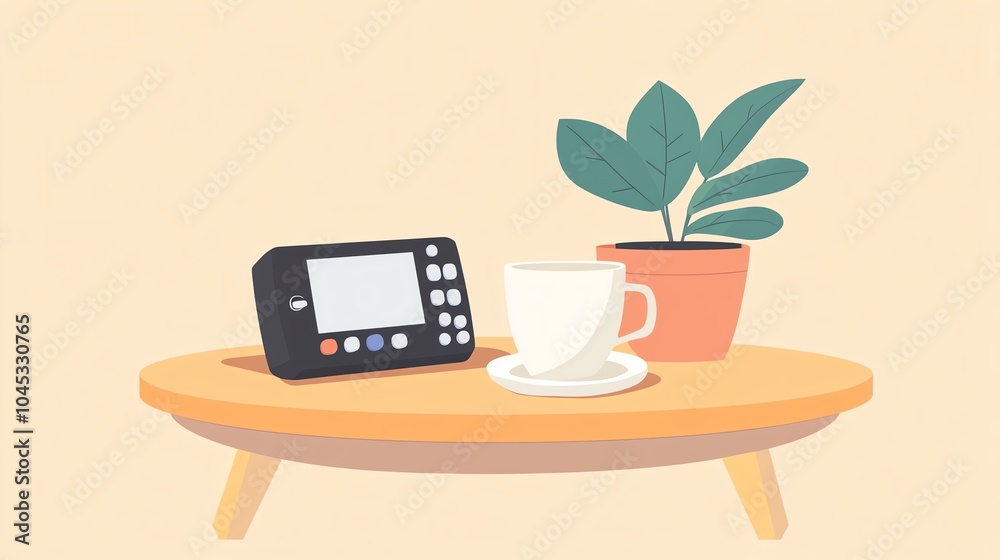 A cozy living room scene featuring a plant, coffee cup, and digital device on a wooden table. A cozy living room scene featuring a plant, coffee cup, and digital device on a wooden table.