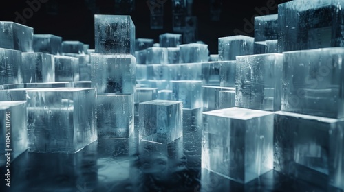 Intricate Ice Cube Arrangement, a striking display of stacked glistening ice cubes forming a geometric pattern, contrasting beautifully against a dark backdrop. photo