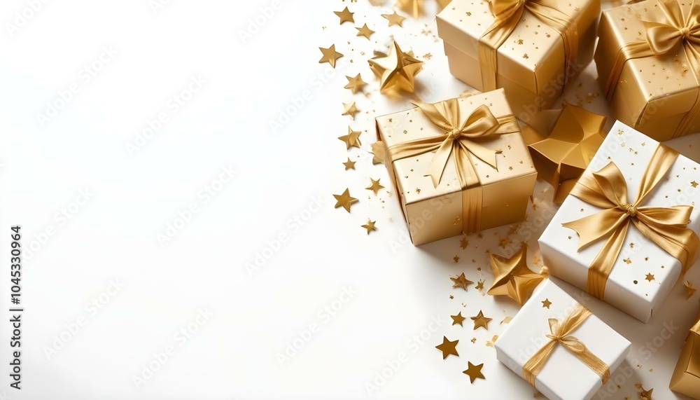 Gold gift boxes with golden stars on a white background. Gold gift boxes with golden stars on a white background.