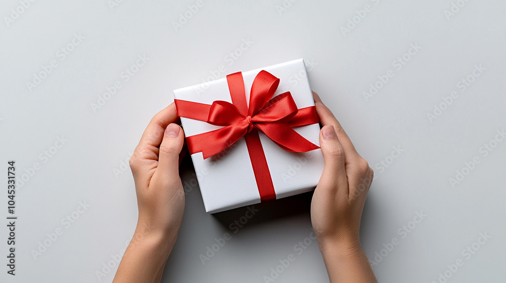 A person wrapping a red ribbon around their gift box, adding an extra touch of elegance and personalization to the present on a white background for Valentine's Day.
A person wrapping a red ribbon around their gift box, adding an extra touch of elegance and personalization to the present on a white background for Valentine's Day.