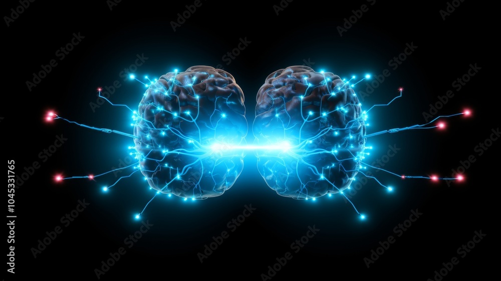 Obraz premium Two Brains Connected by a Bright Blue Beam