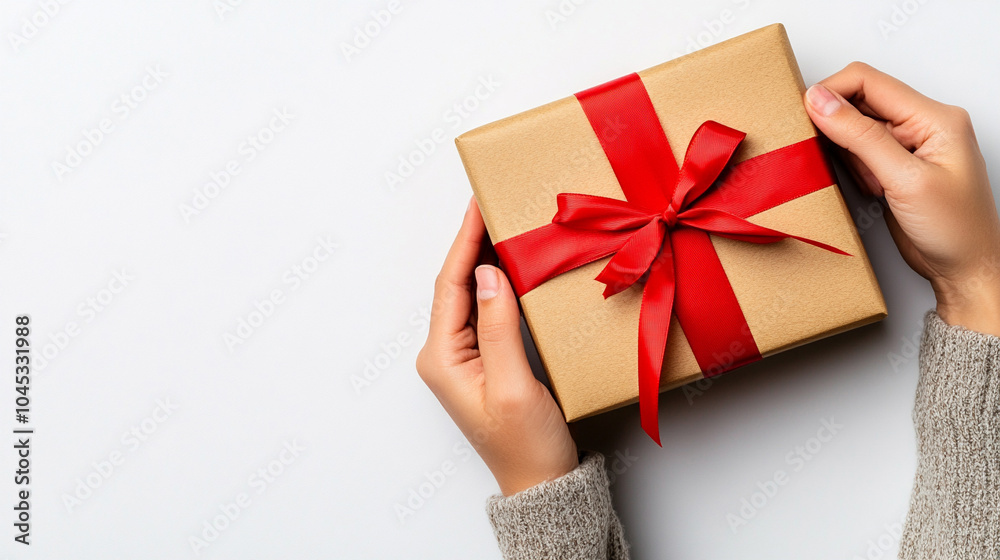 
A person wrapping a red ribbon around their gift box, adding an extra touch of elegance and personalization to the present on a white background for Valentine's Day.