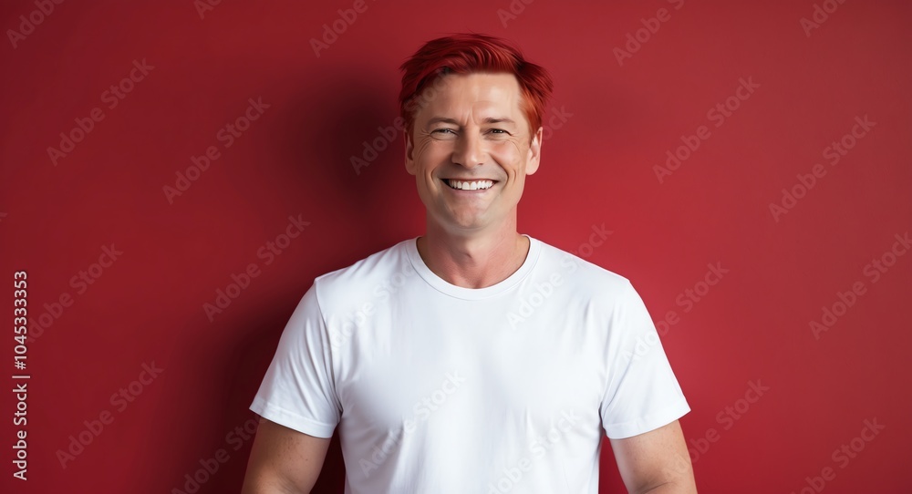 redhead mature guy red background wearing plain white tshirt smiling happy portrait redhead mature guy red background wearing plain white tshirt smiling happy portrait