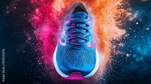 Blue running shoe with white sole surrounded by a colorful explosion of powder on a black background.