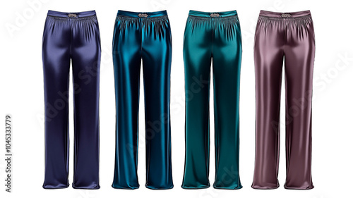 Collection of four colorful satin pants in various shades isolated on transparent background. Stylish female satin trousers set with vibrant colors and silky texture.