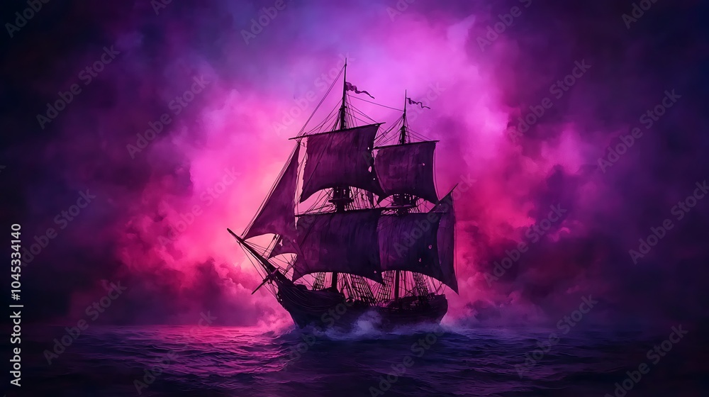 A mystical ship sailing through a vibrant galaxy of purple and pink clouds at dusk A mystical ship sailing through a vibrant galaxy of purple and pink clouds at dusk